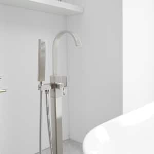 Waterfall Single Handle Floor Mount Freestanding Tub Faucet Bathtub Filler with Hand Shower in Brushed Nickel