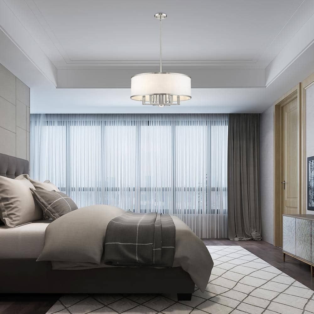 Brushed Nickel 6-Light Drum Chandelier with Off-White Fabric Shade