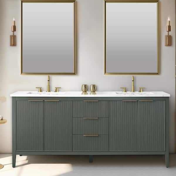 Emma 72 in. W Bath Vanity in Vintage Green with Engineered Stone Top in Arabescato with White Sinks