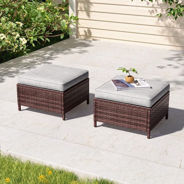 2-Piece Steel Frame Brown Wicker Outdoor Ottoman with Linen Gray Cushions