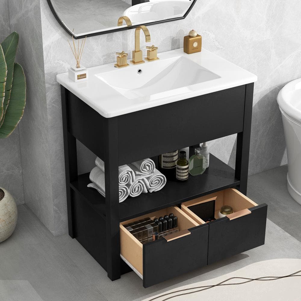 30 in. W x 18.3 in. D x 32.5 in. H Wood Freestanding Bath Vanity in Black w