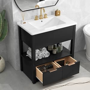 30 in. W x 18.3 in. D x 32.5 in. H Wood Freestanding Bath Vanity in Black with White Cultured Marble Top Open Shelf