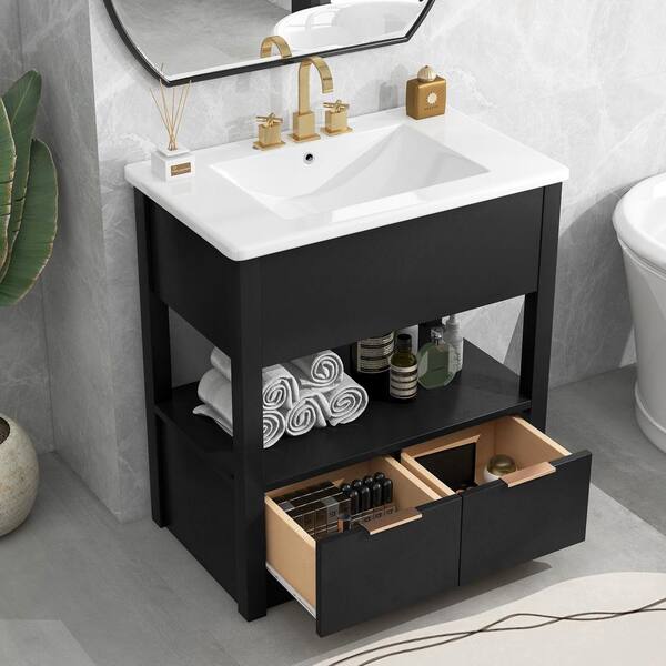 Unbranded 30 in. W x 18.3 in. D x 32.5 in. H Wood Freestanding Bath Vanity in Black with White Cultured Marble Top Open Shelf