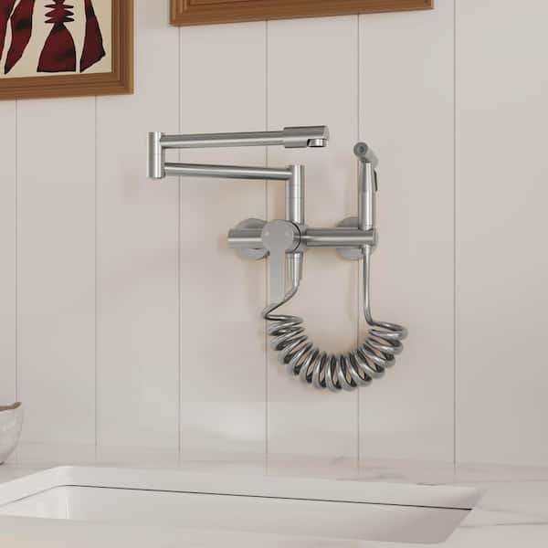 Wall Mount Cold and Hot Pot Filler with Spray Gun in Brushed Nickel