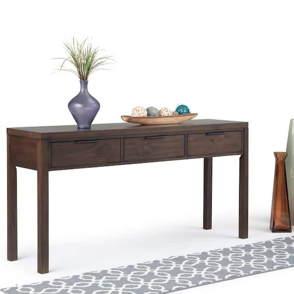 Simpli Home Hollander Solid Wood 60 in. Wide Contemporary Wide Console Table in Warm Walnut Brown