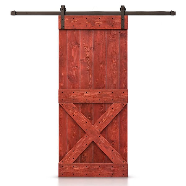 CALHOME Mini X 26 in. x 84 in. Cherry Red Stained DIY Wood Interior Sliding Barn Door with Hardware Kit
