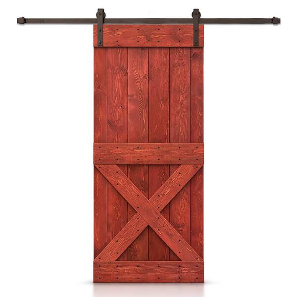 CALHOME Mini X 28 in. x 84 in. Cherry Red Stained DIY Wood Interior Sliding Barn Door with Hardware Kit