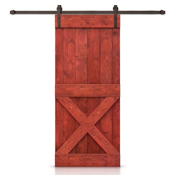 CALHOME Mini X Series 36 in. x 84 in. Pre-Assembled Cherry Red Stained Wood Interior Sliding Barn Door with Hardware Kit