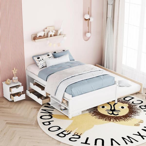 Harper & Bright Designs Versatile White Wood Frame Full Size Platform Bed with Twin Size Trundle, Under-bed Storage Box, Nightstand, 2-Drawer