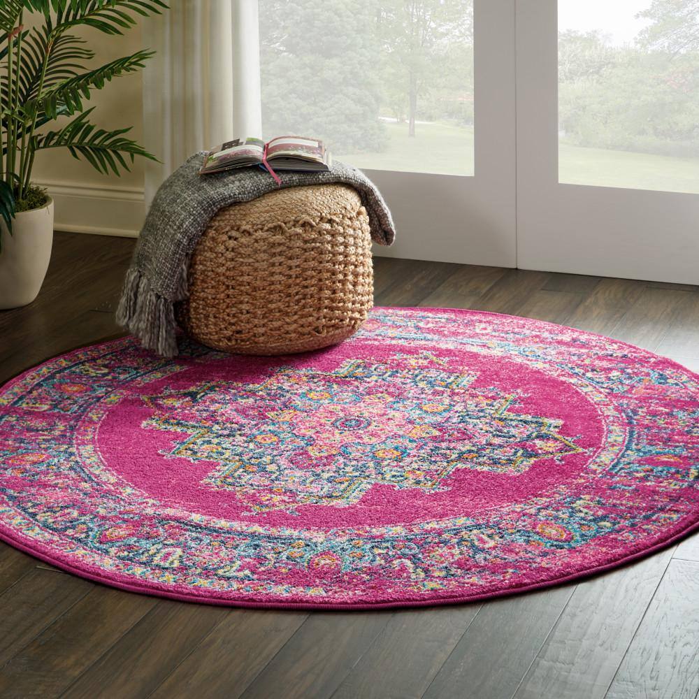 Bohemian Bliss Blue Floral Round Synthetic Easy-Care Rug, 5'3"