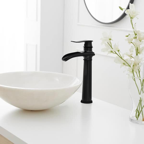 Waterfall Single Hole Single Handle Vessel Sink Faucet With Pop-Up Drain Assembly in Matte Black