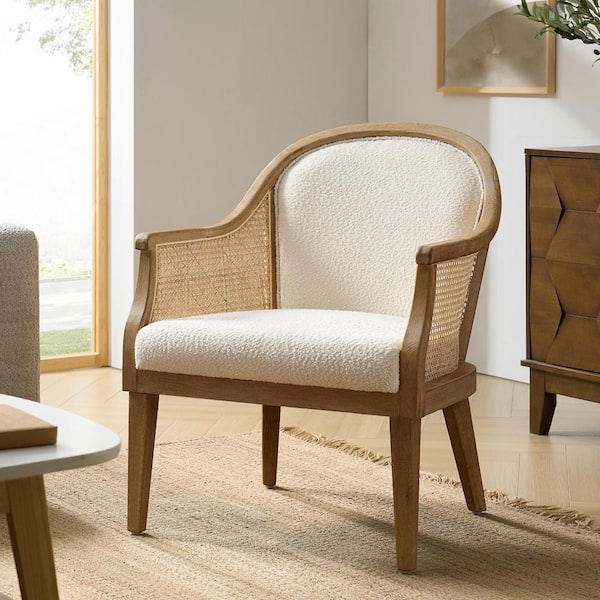 JAYDEN CREATION Cyril Farmhouse Rattan Solid Wood Armchair with Imitation Linen Fabric-Ivory