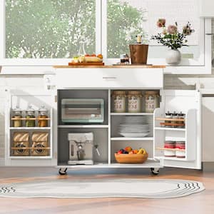 White Kitchen Cart with Drop Leaf;Locking Casters;Shelf;Spice Rack;Wheels