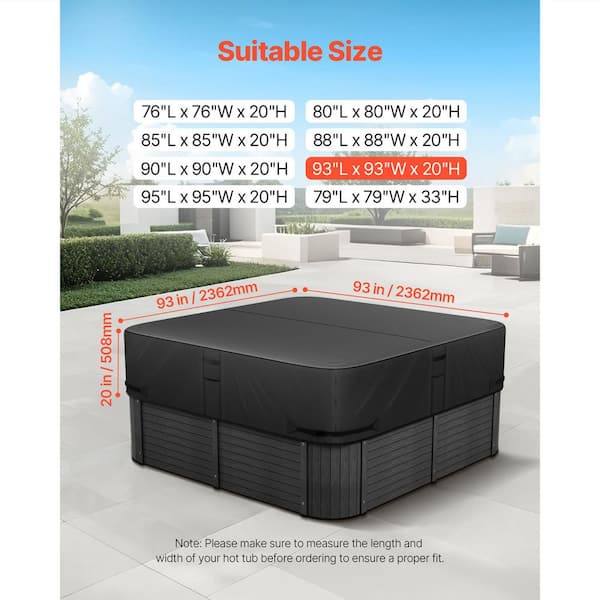 Outdoor Hot Tub Cover, 93 x 93 x 20 in. Weather-Resistant Protector, Made with 600D Durable Oxford Fabric 2025 Update