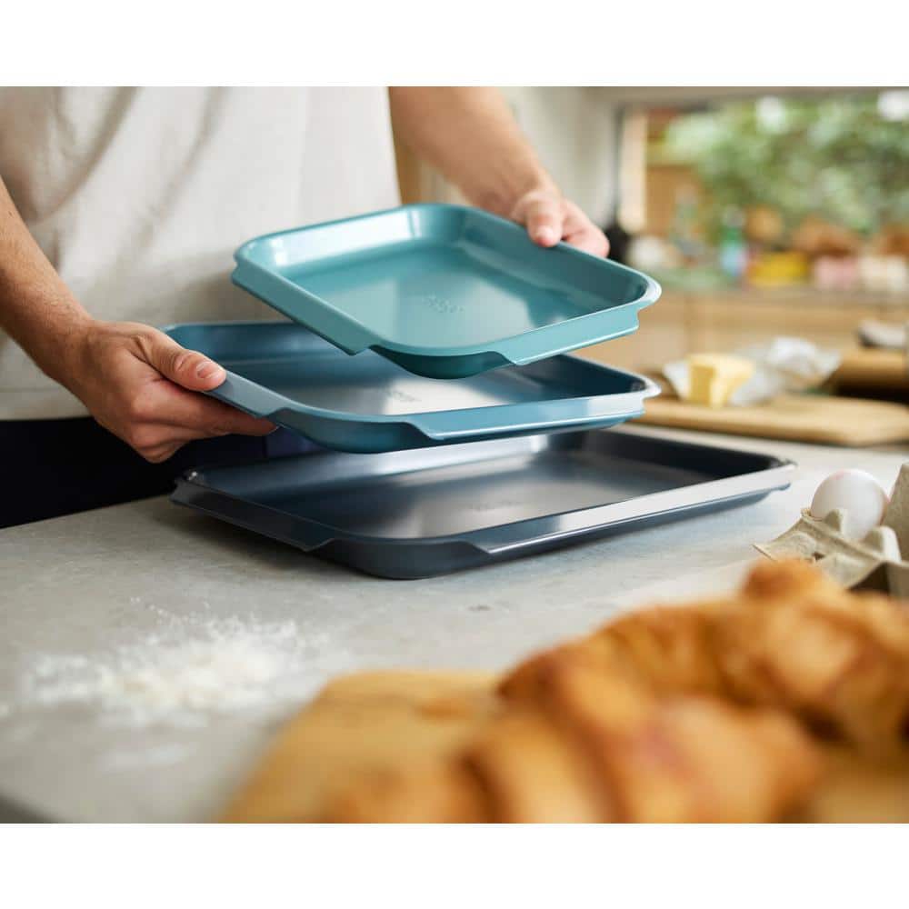 Blue Carbon Steel Non-stick 3-Piece Baking Sheet Pan Set