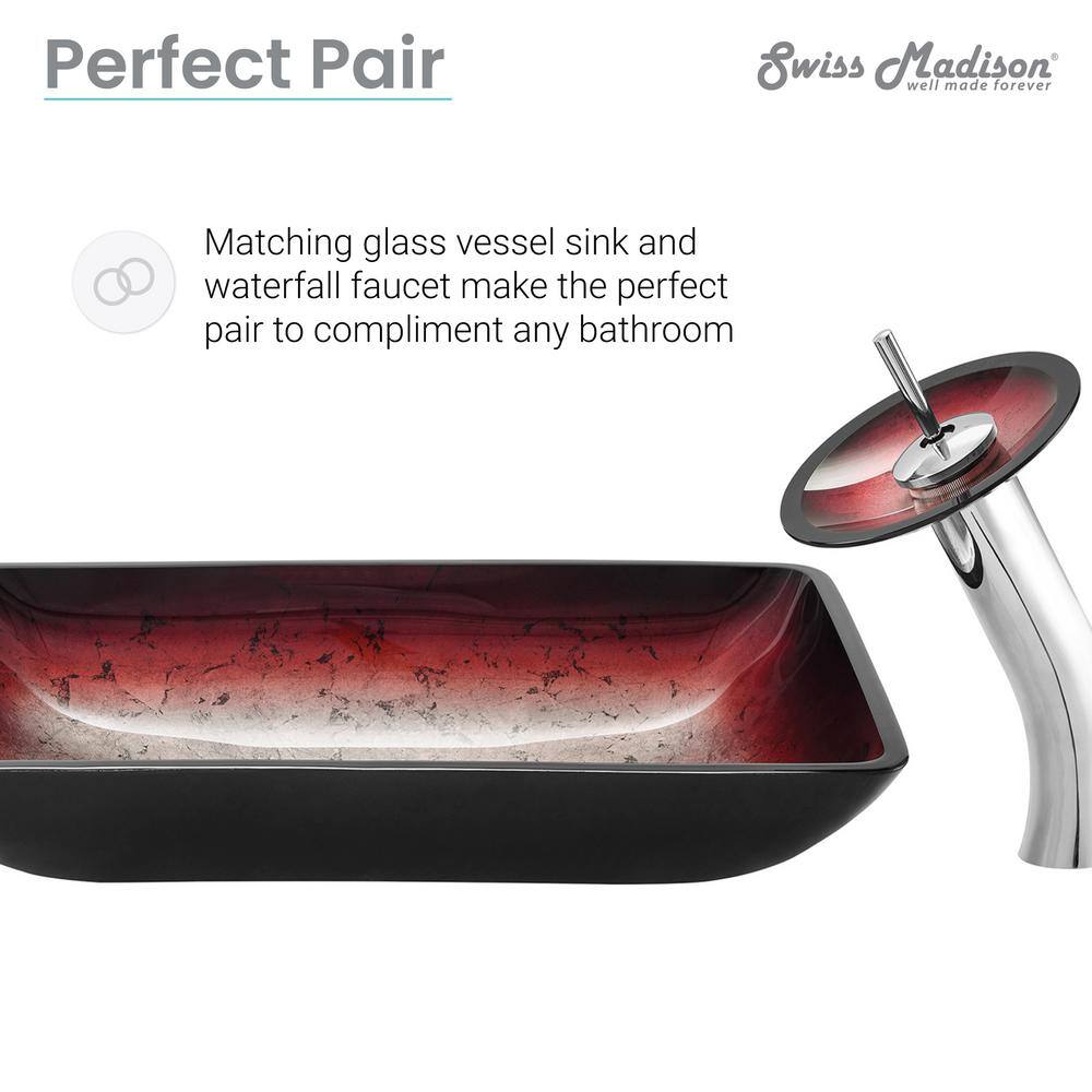 Ember Red Rectangular Glass Vessel Sink with Waterfall Faucet