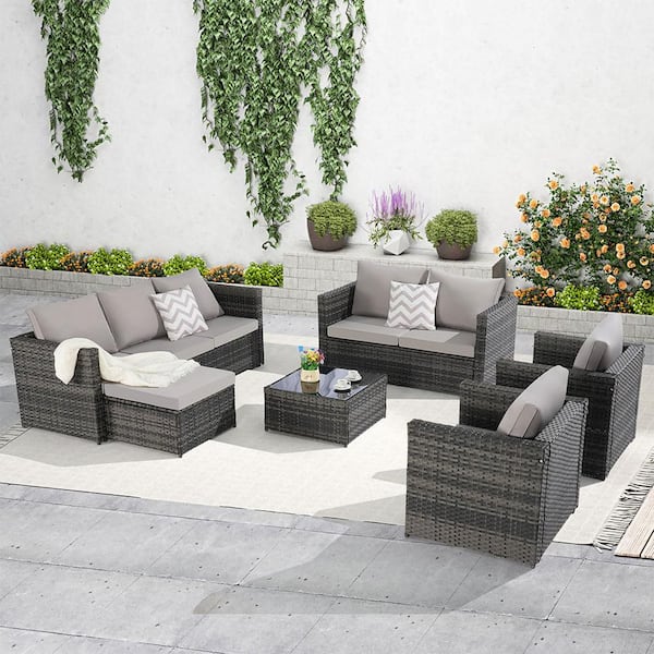 Sudzendf 5-Piece Metal Outdoor Metal All Weather Wicker Rattan Outdoor Sofa Conversation Set with Light Gray Cushion