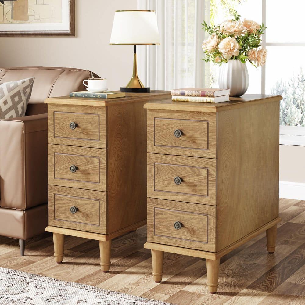 Calin 11.81 in. W Assembled 3-Drawers Narrow Rectangle MDF Brown Wood Set of 2 Bedside End Side TableNightstand 2 pieces