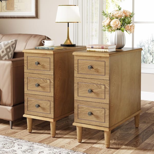 TRIBESIGNS WAY TO ORIGIN Calin 11.81 in. W Assembled 3-Drawers Narrow Rectangle MDF Brown Wood Set of 2 Bedside End Side TableNightstand 2 pieces