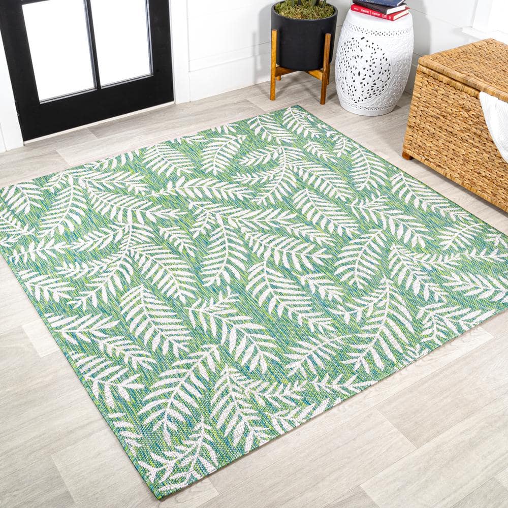 Nevis Palm Frond Green and Cream 5'3" Square Synthetic Rug