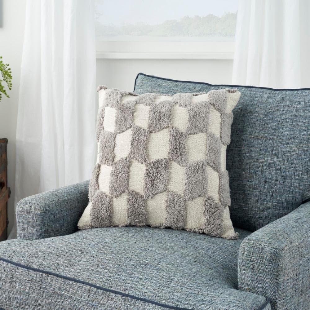 Light Gray and Ivory Tufted Geometric 18" Square Throw Pillow