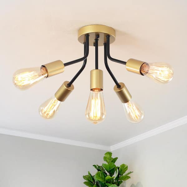 LWYTJO Fasiha 14.77 in. 5-Light Black/Gold Sputnik Sphere Chandelier Industrial Vintage Linear Semi Flush Mount Ceiling Light