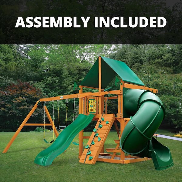 Professionally Assembled Mountaineer Kids Outdoor Playground Set with Vinyl Canopy, Slides, Rock Wall, and Swing set