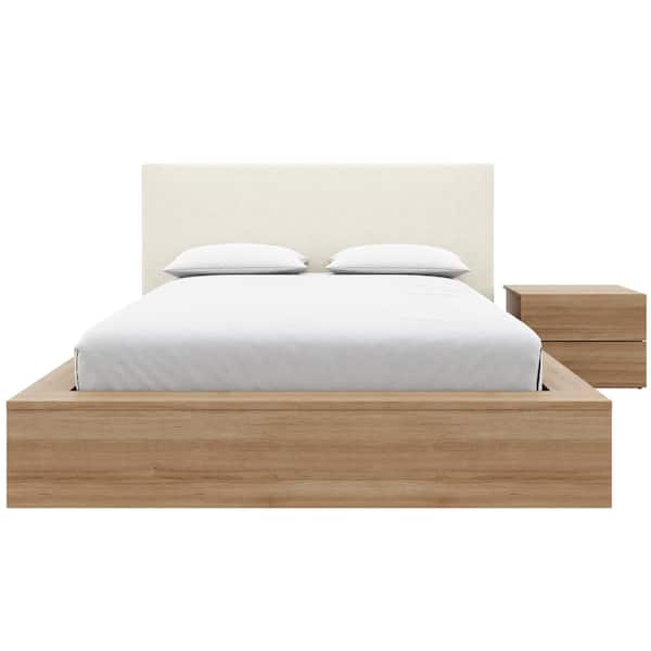 Jane 3-Piece Brown Oak Queen Size Platform Bedroom Set with Upholstered Headboard