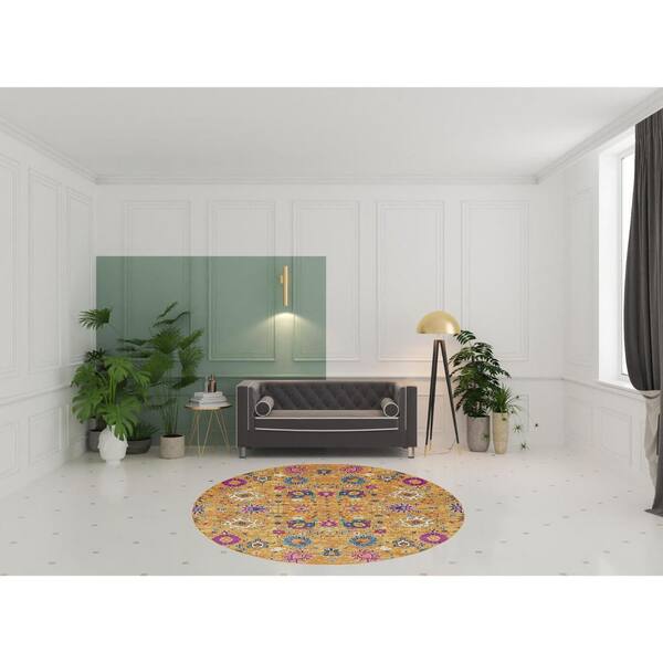 8 ft. Round Gold Floral Washable Area Rug