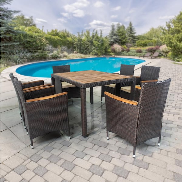 SUNRINX Brown 7-Piece Wicker Outdoor Dining Set with Washed Beige Cushion