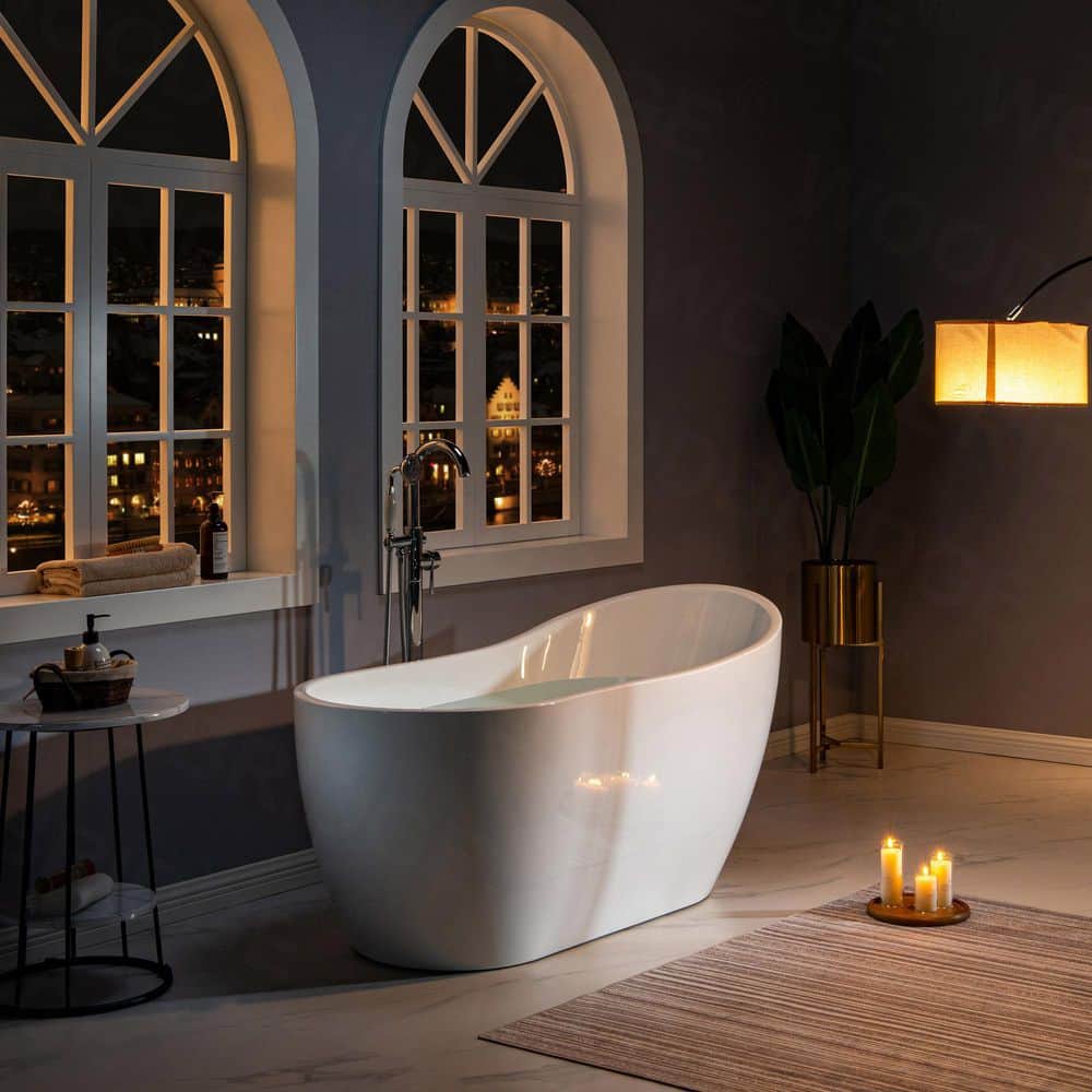 59" White Acrylic Freestanding Single Slipper Bathtub with Brushed Nickel Trim