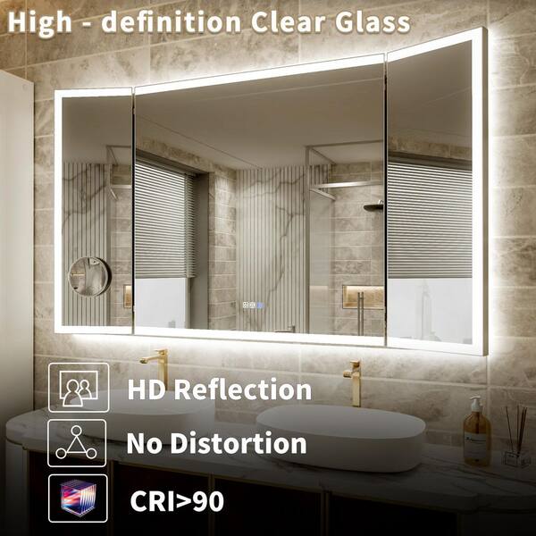 AZDHOME 66 in. W x 36 in. H Rectangular Frameless Wall Mounted Tri