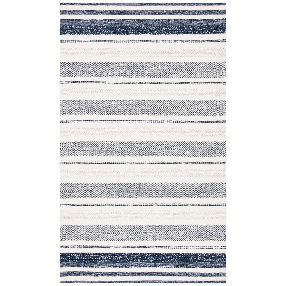 Ivory and Navy Handwoven Wool-Cotton Blend 6' x 9' Kilim Stripe Rug