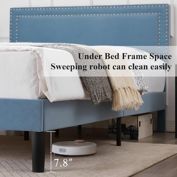 Upholstered Bed Light Blue Metal Frame Queen Platform Bed with Adjustable Headboard, No Box Spring Needed Bed Frame