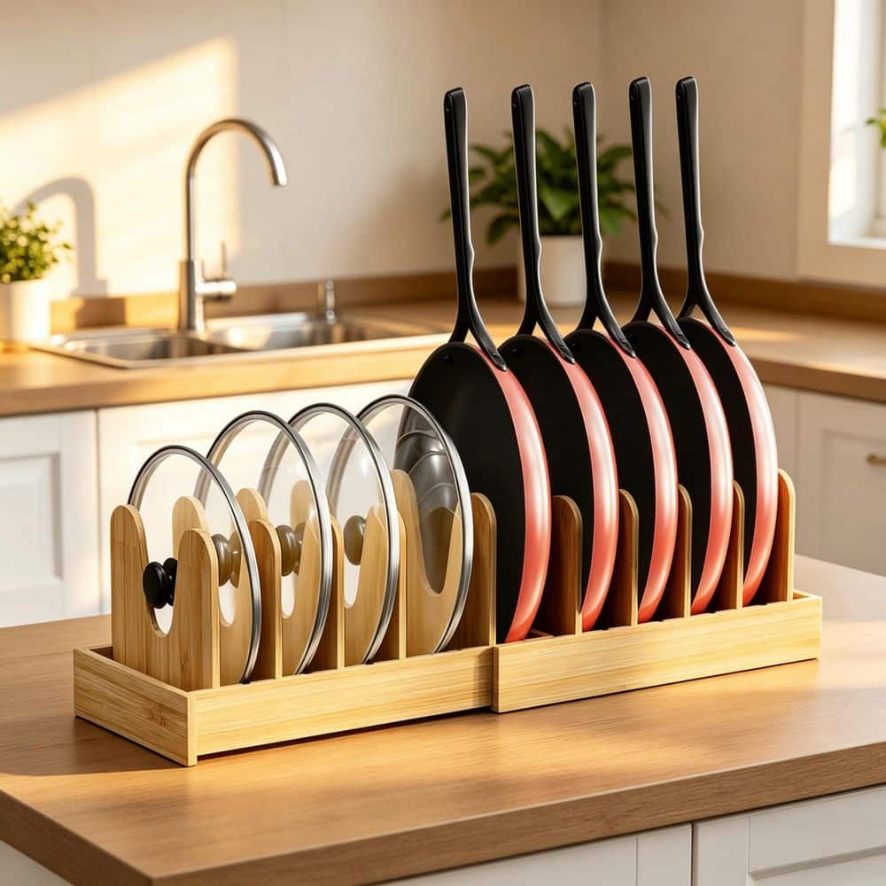 Natural Bamboo Expandable Cabinet Pot Rack with 10 Adjustable Dividers for Kitchen Pantry and Countertop Organization price history on PriceWatchPro