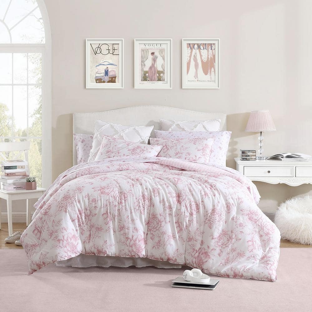 Comfort Spaces Spring 4-Piece Full/Queen Comforter Set Microfiber Pink  Striped Floral Reversible Bedding Ste