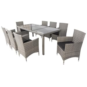 9-Piece Gray Wicker Outdoor Dining Set with Cushion and Glass Top