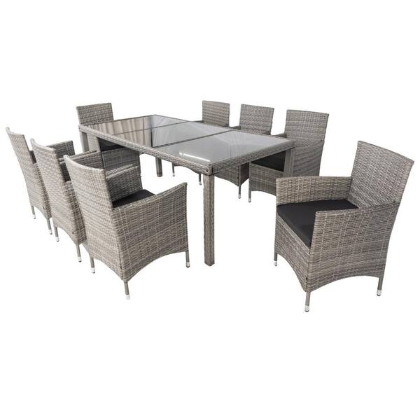 Boosicavelly 9-Piece Gray Wicker Outdoor Dining Set with Cushion and Glass Top