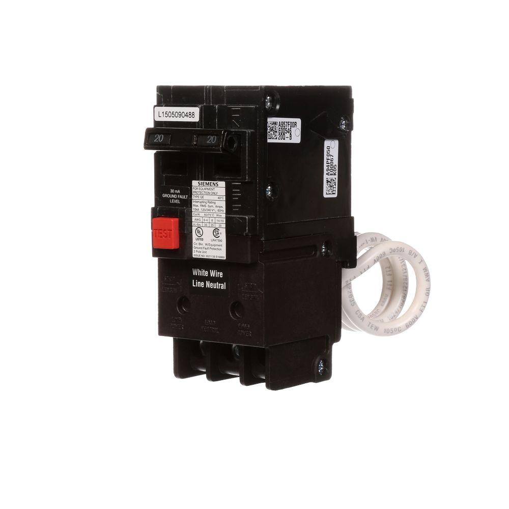 Siemens 20 Amp DoublePole Type QE Ground Fault Equipment Protection Circuit Breaker QE220 The