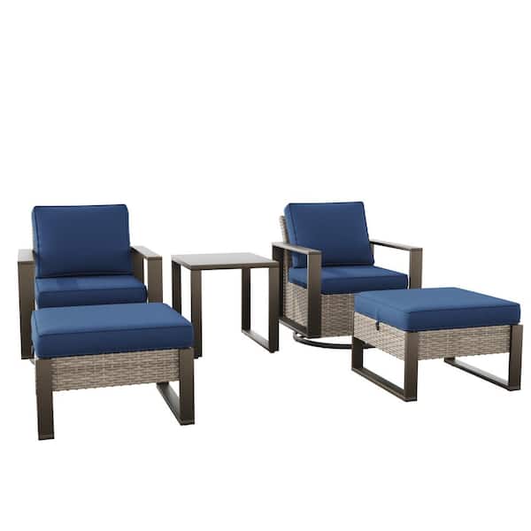 5-Piece Swivel Rocker Wicker Outdoor Patio Conversation Set with Blue Cushions