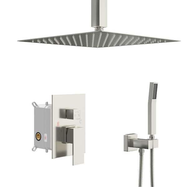 2-Spray Patterns Ceiling Mount Fixed and Handheld Shower Head 1.8 GPM Shower System Dual Shower Head in Brushed Nickel