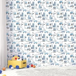 Tiny Tots 2-Collection Blue/Black/White Matte Kids Construction Trucks Paper Non-Pasted Non-Woven Wallpaper Roll