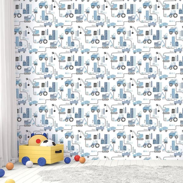Tiny Tots 2-Collection Blue/Black/White Matte Kids Construction Trucks Paper Non-Pasted Non-Woven Wallpaper Roll