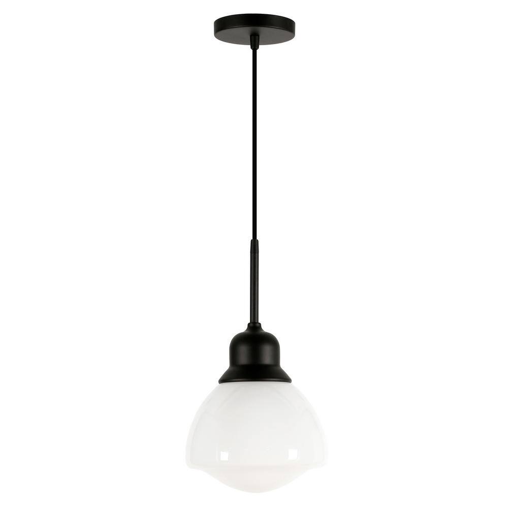 Brooks Transitional Blackened Bronze Drum Pendant with White Milk Glass