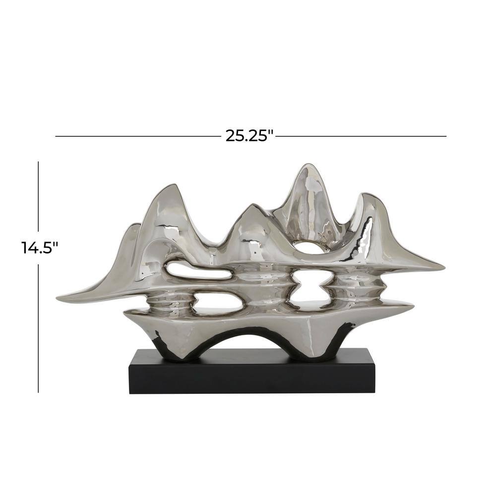 Silver Porcelain Abstract Sculpture with Dark Wood Base