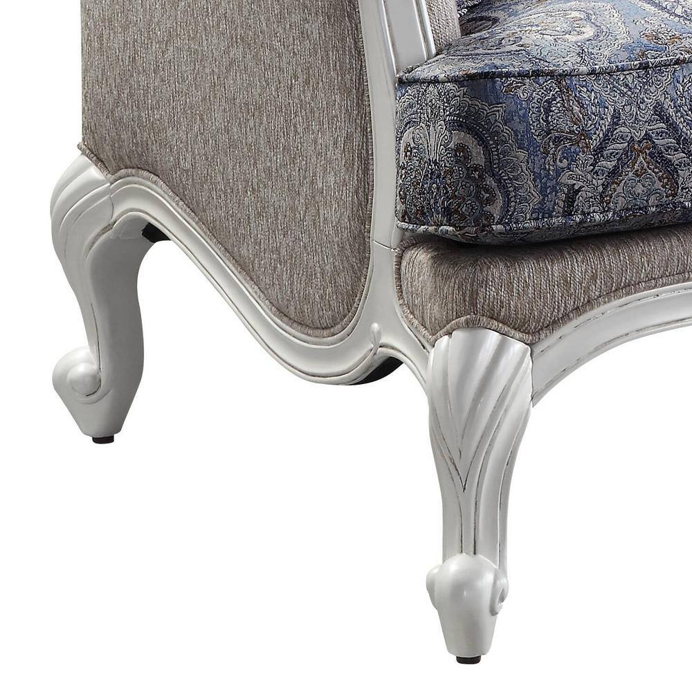White Floral Tufted Fabric Loveseat with Wood Frame