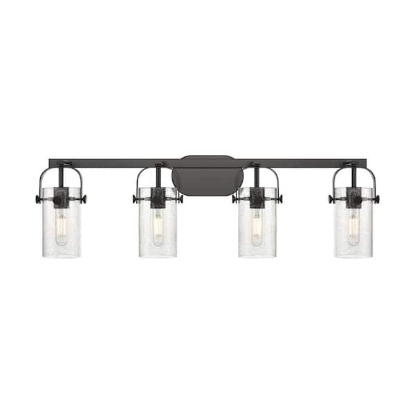 Innovations Pilaster II Cylinder 34.88 in. 4-Light Matte Black Vanity Light with Glass Shade