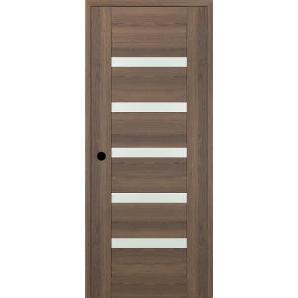 Vona 07-04 DIY-Friendly 32 in. x 96 in. Right-Hand Frosted Glass Pecan Nutwood Wood Composite Single Swing Interior Door