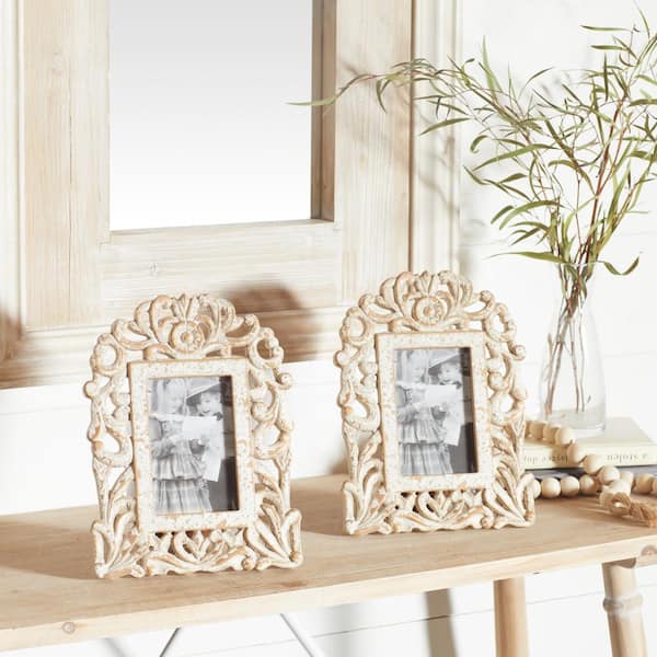 Litton Lane 4" x 6" White Handmade Intricate Carved Scroll Wood Photo Frame