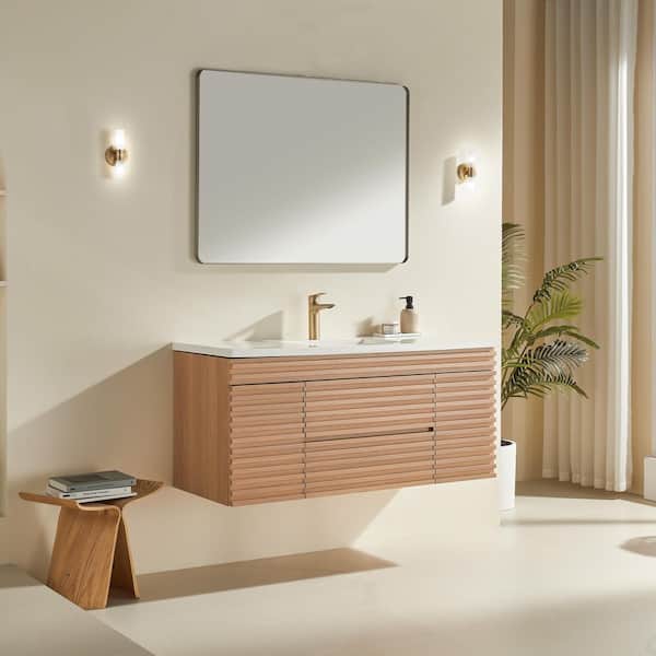 48 in. Single Sink Wall Mounted Natural Walnut Bath Vanity with White Ceramic Top Full Assembled, Soft-Close